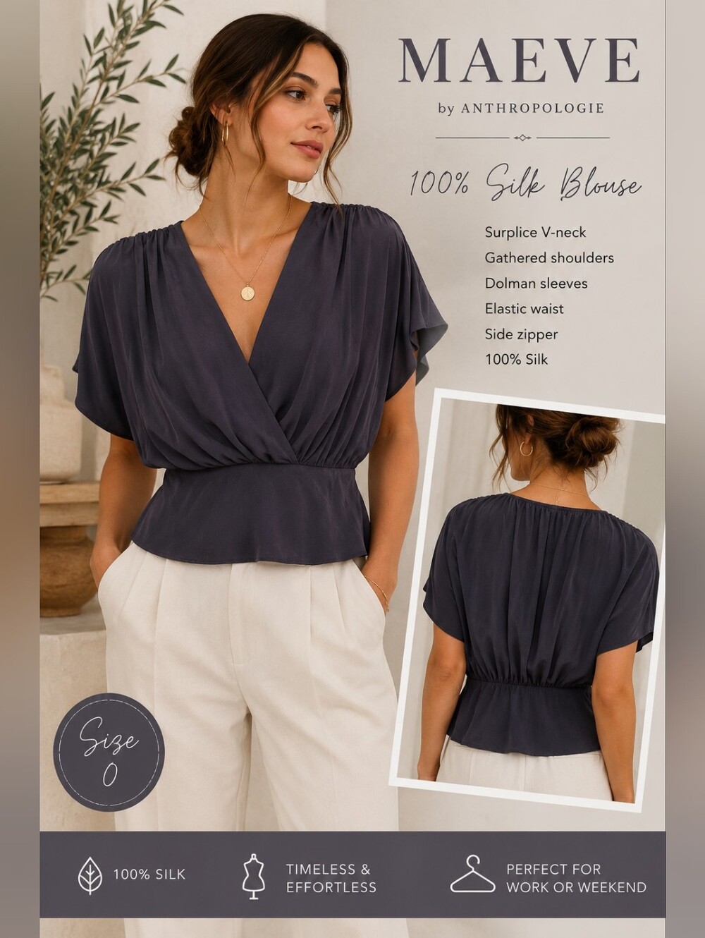 Maeve Anthropologie 100% Silk Surplice V-Neck Blouse Size 0